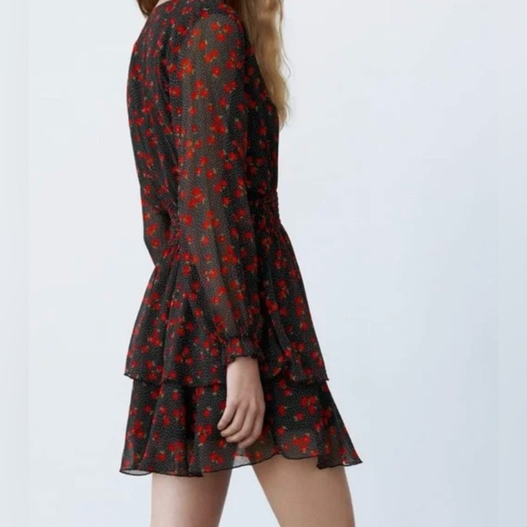 ZARA Floral Chiffon Long Sleeve V-Neck Flounced‎ Mini Dress Black Red Size Small - Picture 6 of 16